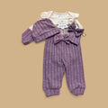 Purple and white pant set with hat and bow